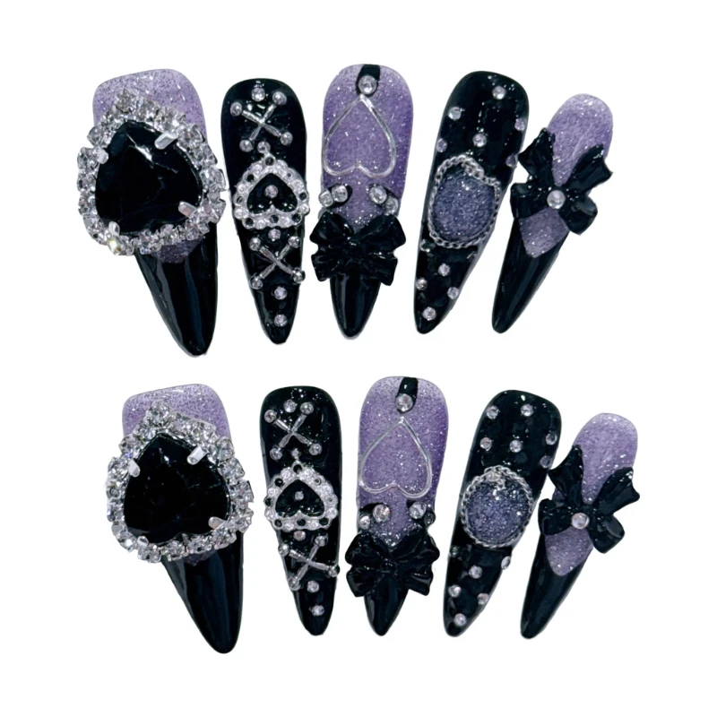 10 Pieces Black Purple Y2k Spice Girls Handmade Press On Nails Luxury Bow Heart Diamonds Fake Nails Removable Reusable