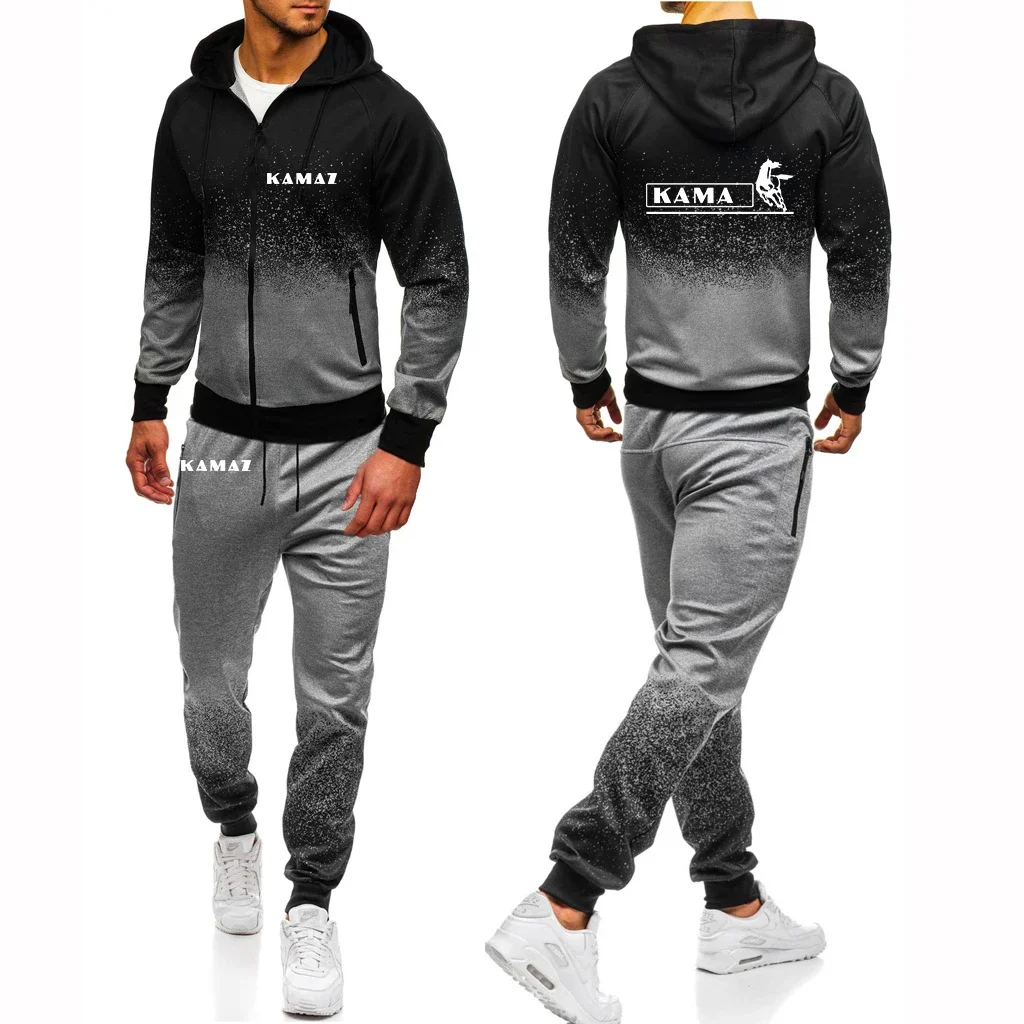 

New Brand KAMAZ Print Men Long Sleeves Gradient Color Sweatshirt Zipper Jacket Hoodie Cardigan+Casual Man Sweatpants Suit Casual