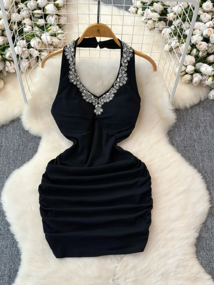 Foamlina وصول جديد فاخر الماس مزين الرسن اللباس المرأة عارية الذراعين انقطاع Ruched البسيطة حزب رداء