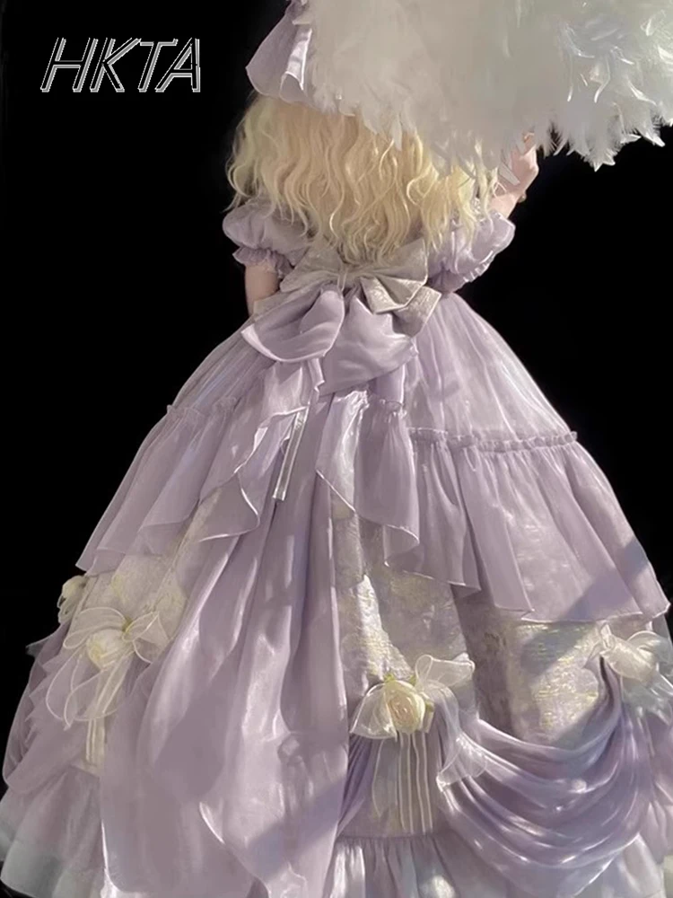 Lolita Elegant Flying Sleeve Shoulder Purple Birthday Evening Dress Women Summer New Gorgeous Student Day Princess Long Dress\