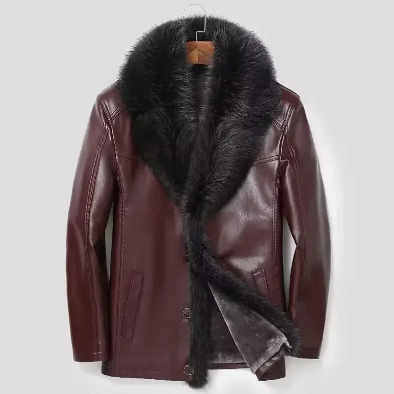 Haining Fur One Man with Wool Thickened Genuine Leather Fur Coat Sheep Skin Raccoon Big Fur Collar Medium Long Men\'s Clothing