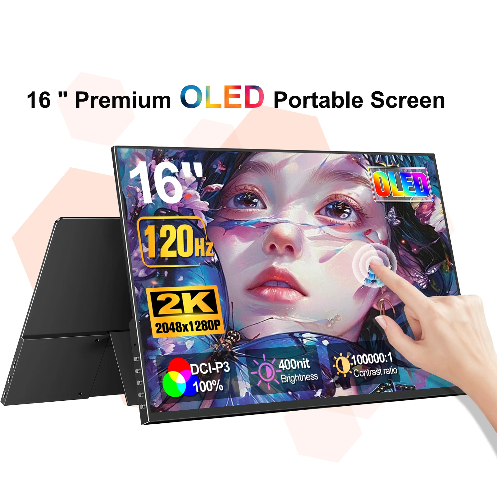 16-inch OLED touchscreen, 120Hz gamingmonitor, draagbaar, 2K, 1ms, oogvriendelijk display, USB-C, HDMI, voor laptop, Mac, telefoon, mini-pc, PS5, VESA