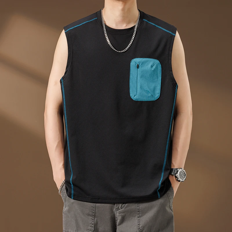 Men's Casual Tank Top Chic Patchwork Sleeveless Tshirt Breathable Summer Streetwear Vests Male Pull On Loose Jogger Sports Tops