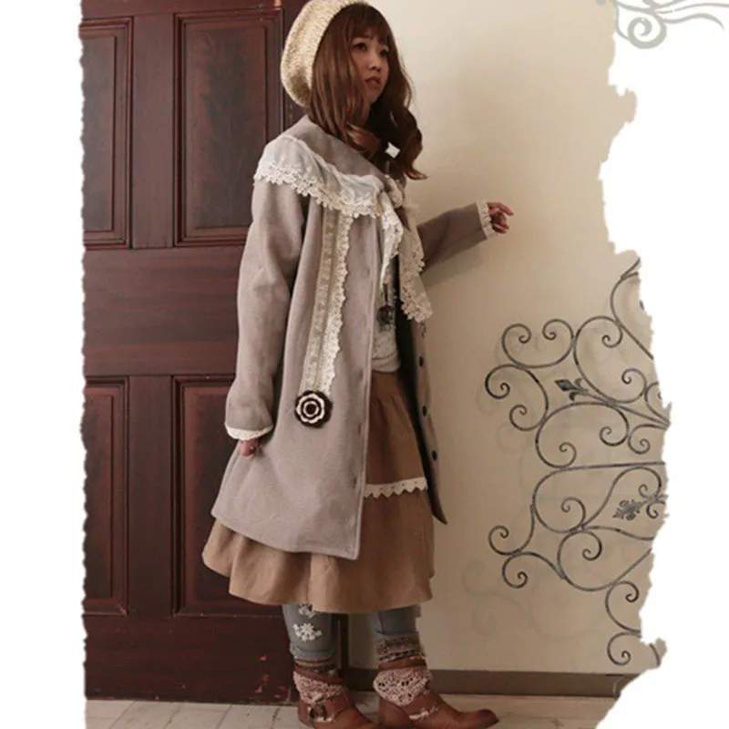 Japanese Winter Mori Girl Coat Women Wool Blend Snow Flower Appliques Lace Layer Decorate Cotton Female Kawaii Coat A140