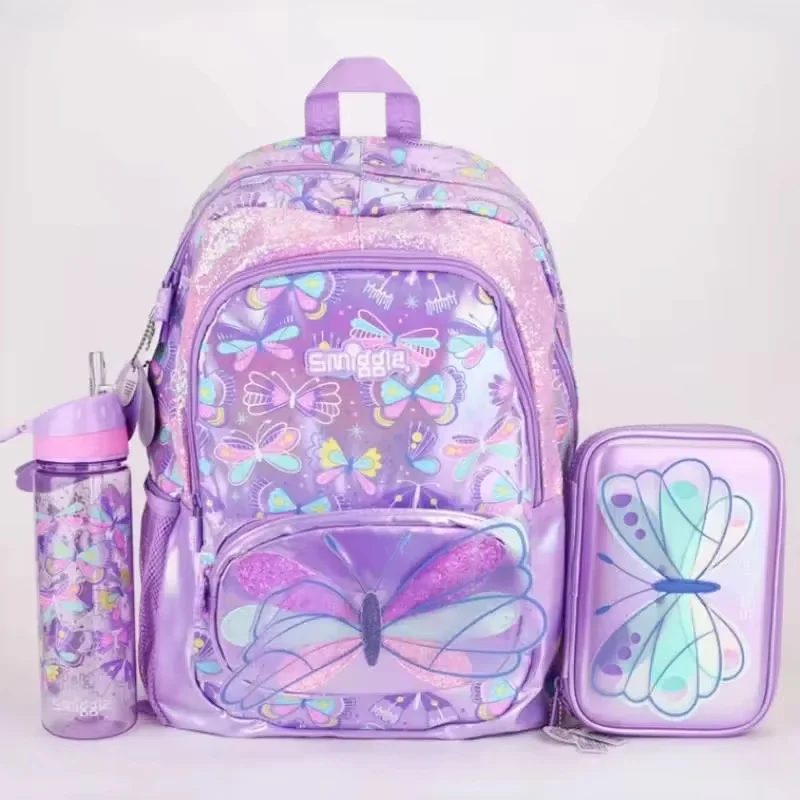 New Original Smiggle Purple Butterfly Student Backpack Pen Box Pencil Case Kettle Lunch Box  Bag Water Cup Student Birthday Gift