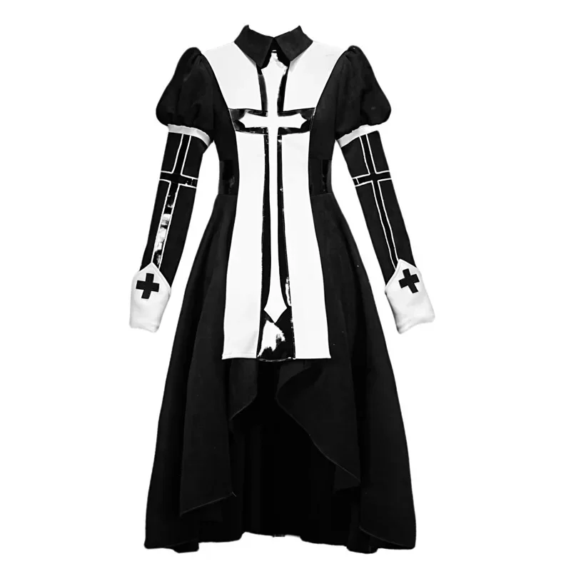 Blood Supply Original Nun Cross Goth Dress Long Sleeve Suede PU Leather Patch Asymmetric Black Dress Halloween Dark Dress Autumn