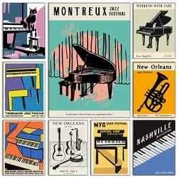 Retro Jazz Festival Paris Chicago Jazz Club Cat Instrument Art Poster Canvas Painting Wall Prints Picture Living Room Home Decor