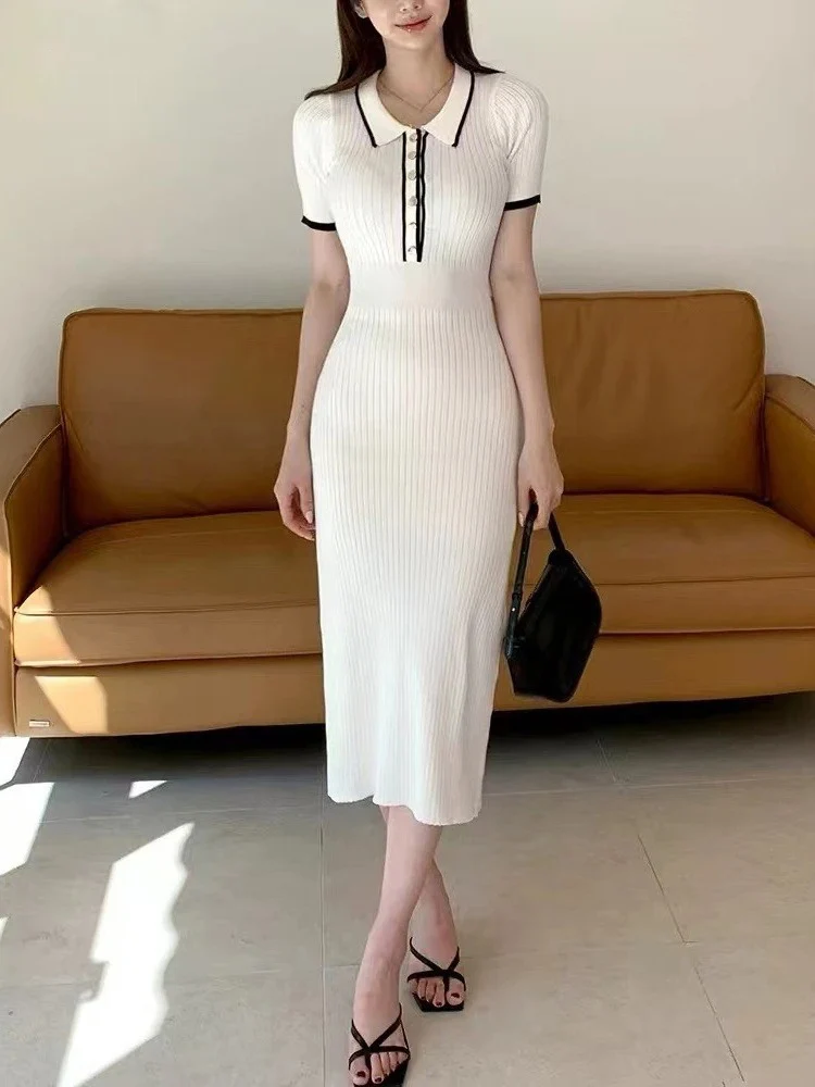 Manches courtes tempérament Robe Femme robes tricotées femmes 2025 robes De Mujer col rabattu Patchwork tunique Robe moulante