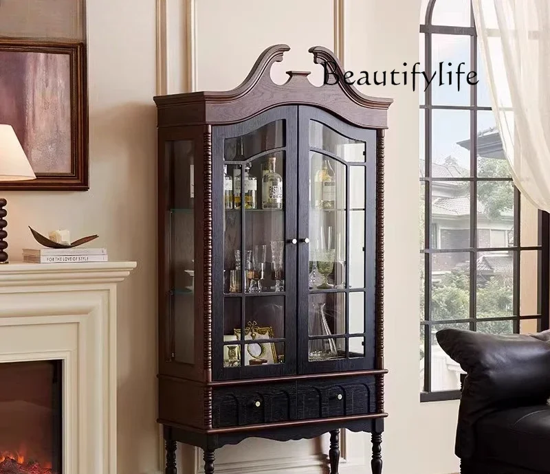

HK French retro solid wood bookcase, living room against the wall glass door display cabinet, American light luxury wine cabinet