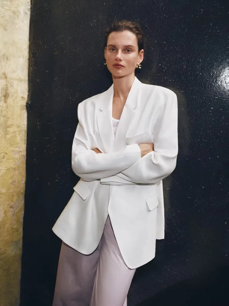 

Летний новый белый льняной пиджак серии Elite Wardrobe EBD2BLA011, повседневный стиль, свободный крой, женская модная тонкая модель с длинным рукавом