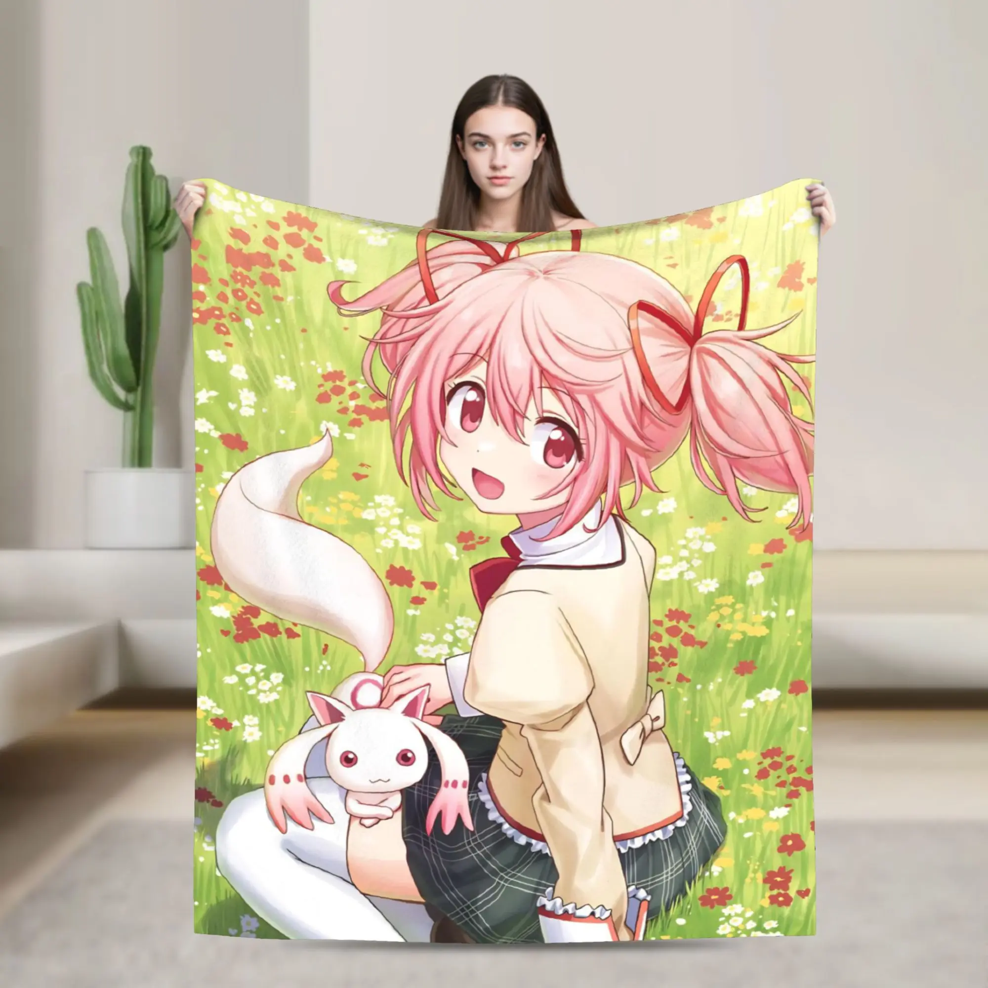 Kawaii Madokas Anime Magica Blanket Flannel All Season   Multifunction Super Soft Throw Blankets for Sofa Couch Bedspread