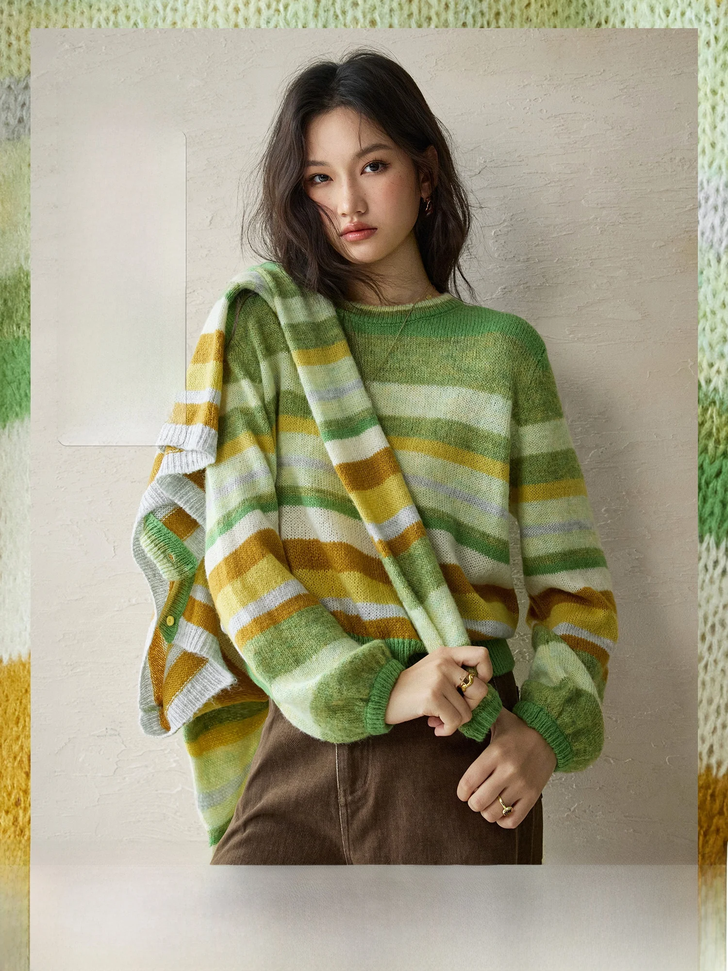 

Soft Fine Yarn Knitted Comfortable Vintage Sweater Casual Style Loose Fit Long Sleeve V-Neck Button down Striped Car...