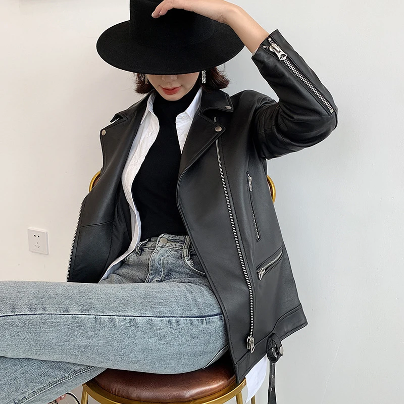 Sheepskin Coat 2024 Women Autumn Korean Fashion Mid-length Loose Locomotive Zipper Leather Jacket Chaquetas De Cuero Para Mujer