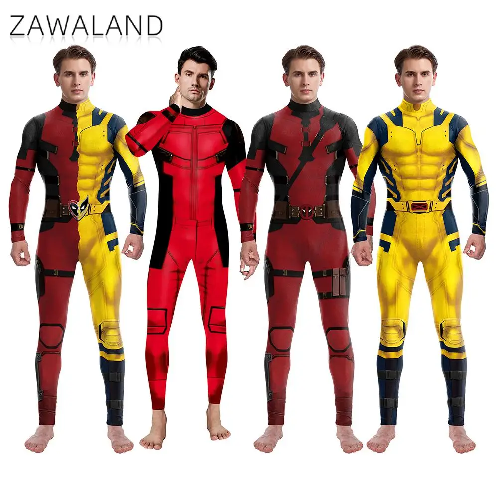 

Zawaland Cosplay Deadpool Wolverine Costume Superhero 3D Printed Long Sleeve Bodysuit Carnival Party Outfit Catsuit Jumpsuit