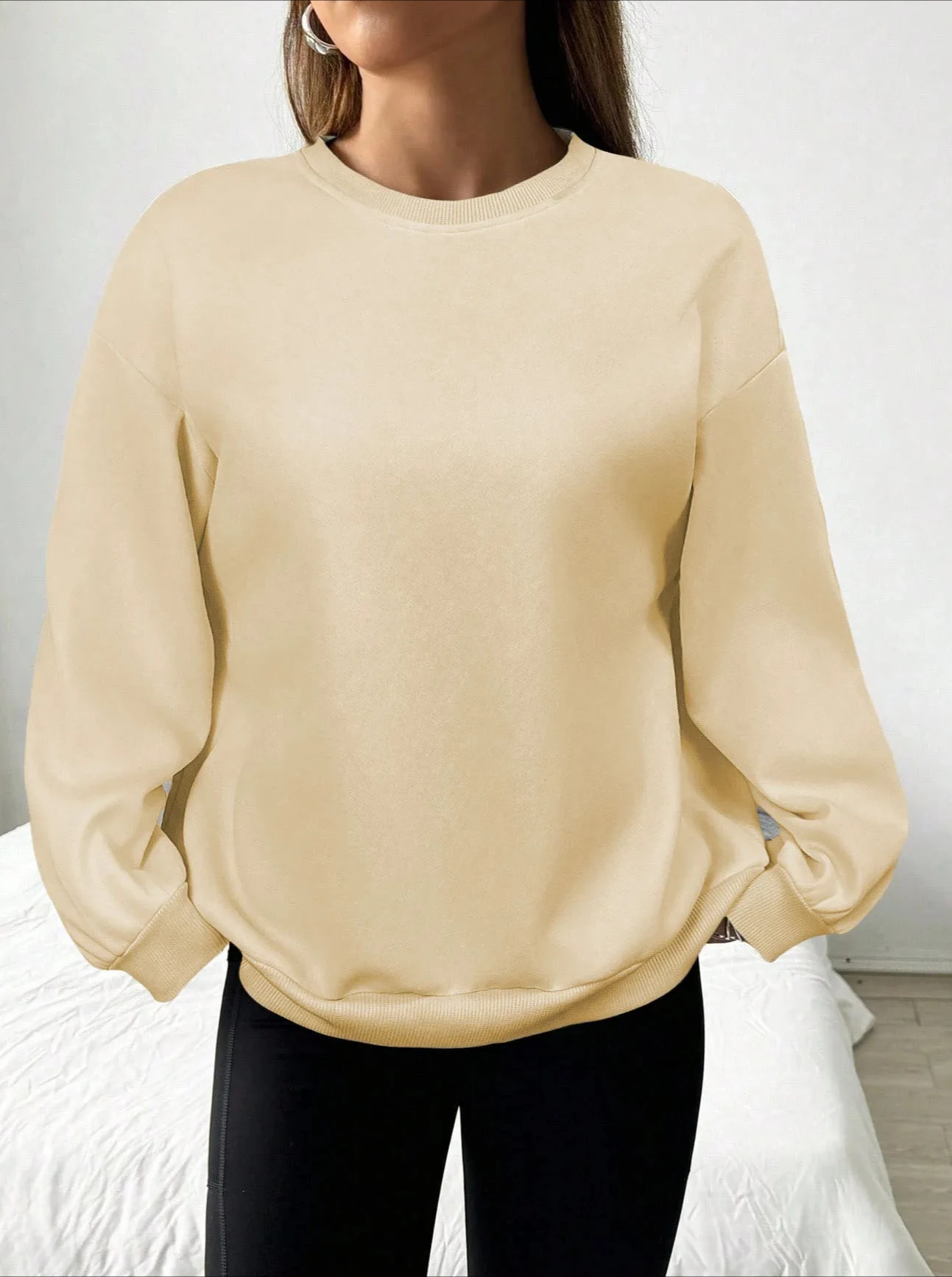 Dames lente/herfst casual eenvoudig effen kleur los sweatshirt met lange mouwen versie O-hals basic top streetwear