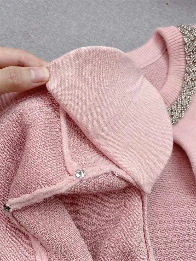 Fall Winter Fashion Pink Knit Set Women Elegant Beaded Diamond O-Neck Single-Breasted Sweater Cardigan Coat or High Waist Skirt