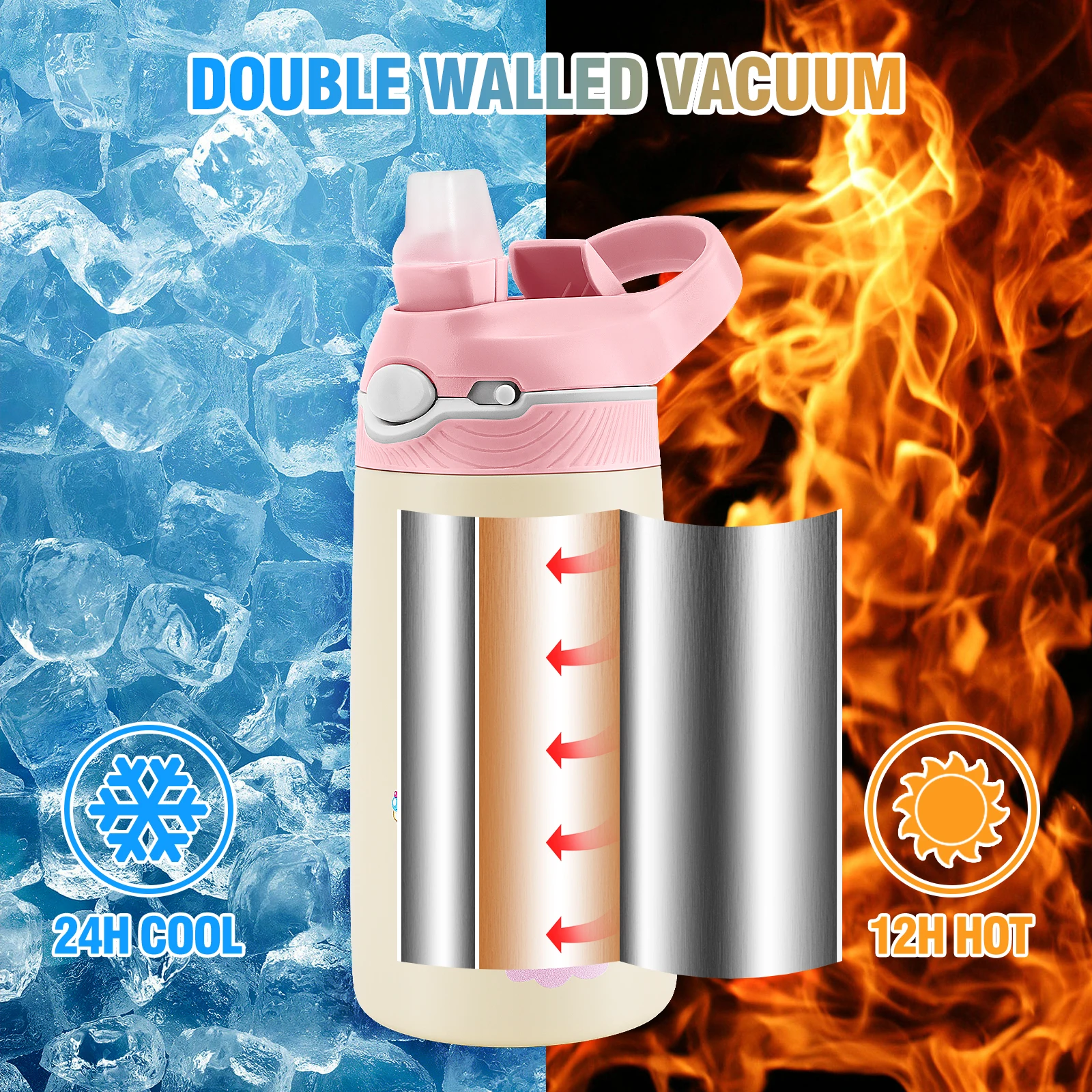 400ML Water Bottle for Children,Thermos With Cute Pattern,Children Thermal Bottle , School Kids Water Bottle With Straw BPA Free