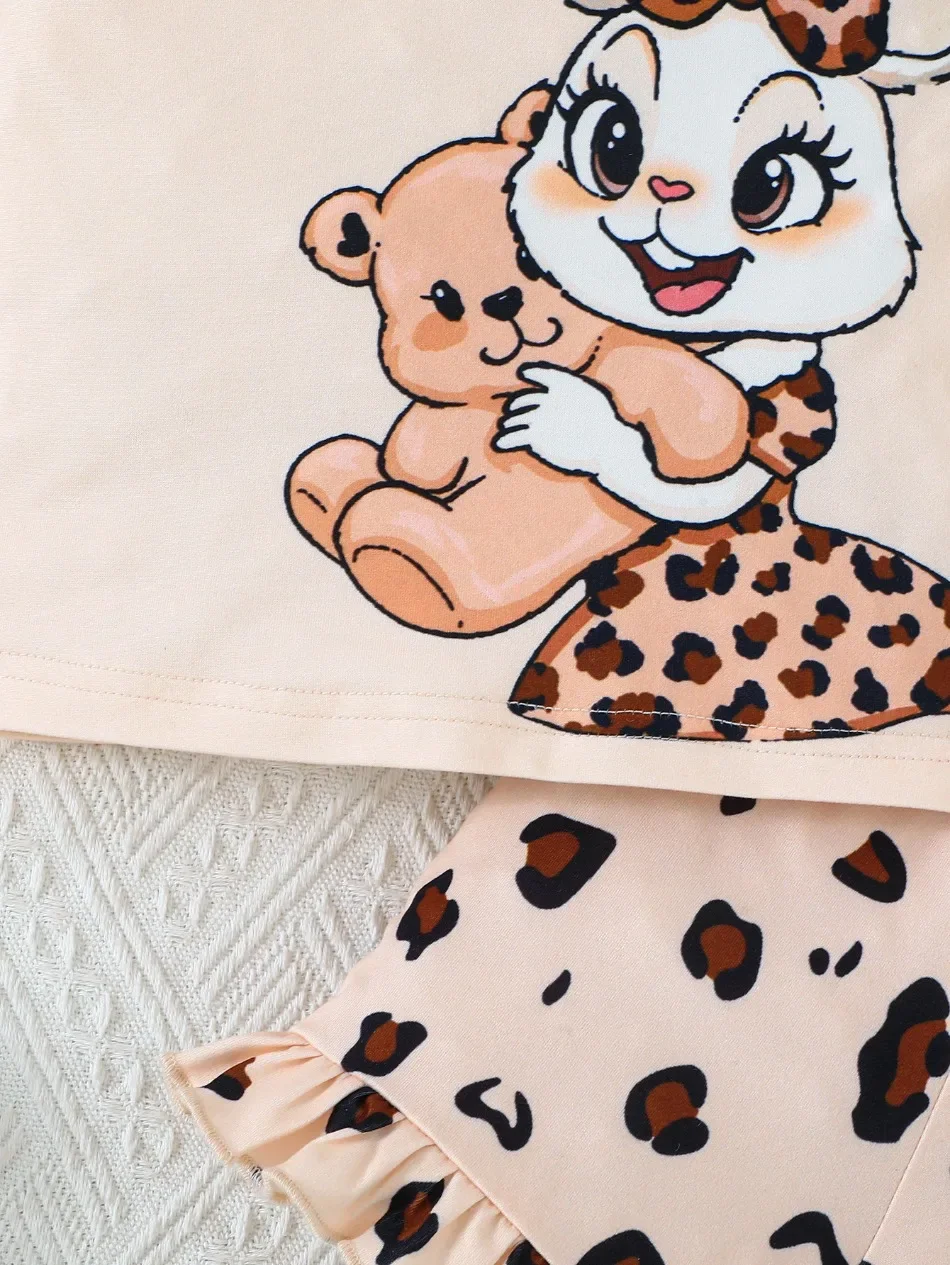 Mädchen-Outfit, 2-teilig, mit Cartoon-Kaninchenmuster, Rüschenärmeln, Leopardenmuster-Shorts, für Kinder, ideal für Sommer, Strand, Alltag, Freizeitkleidung, Set ZYD47. – Detail 8
