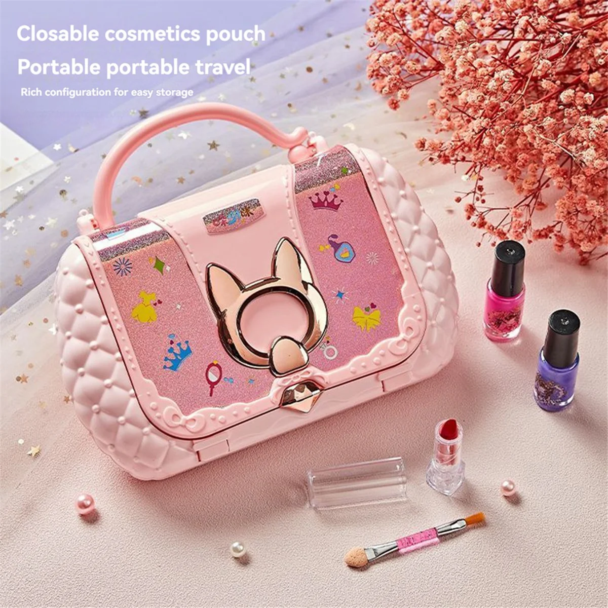 Kids Beauty Toys Makeup Kit Little Bag Washable Pretend Play Cosmetic Set Toys with Mirror Non-Toxic & Safe