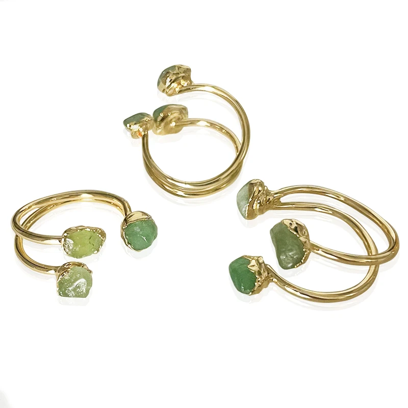 Three Stones Irregular Green Aventurine Open Ring for Women Girls Gold-color Boho Rough Stone Finger Jewelry Resizable