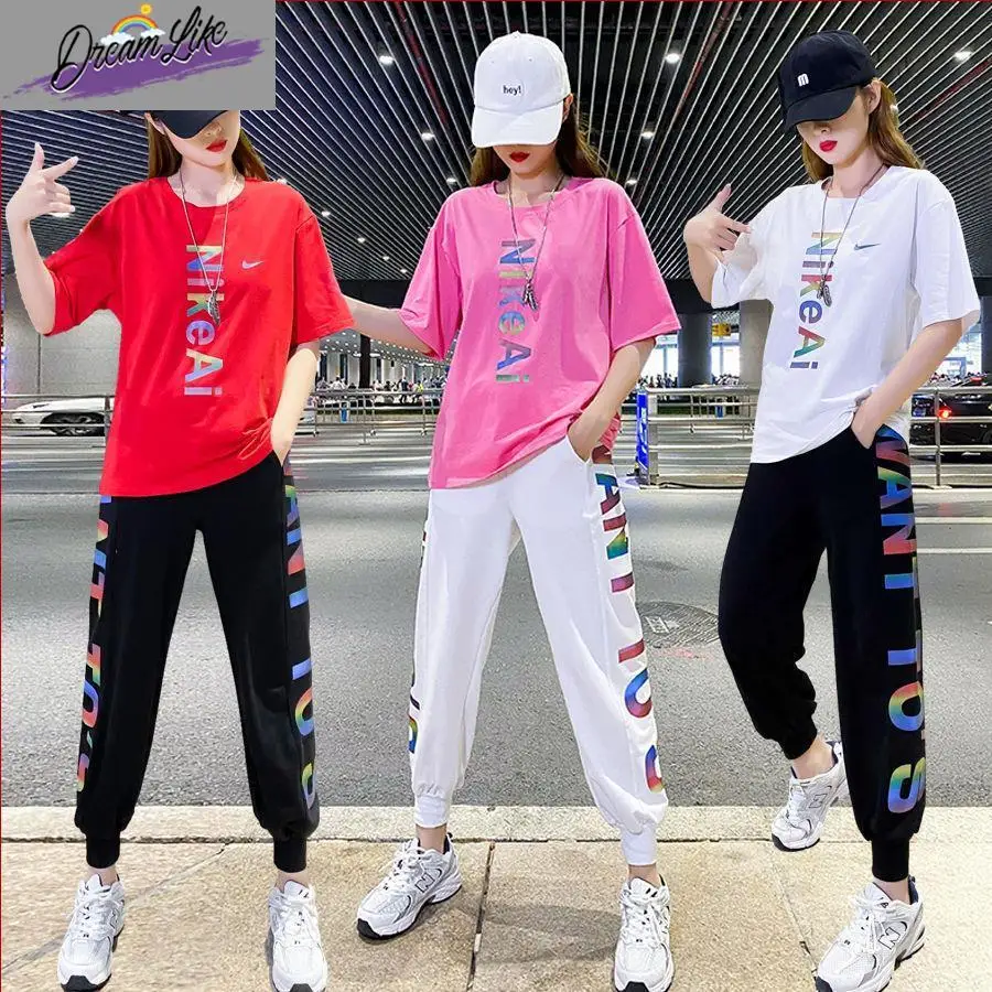 

Summer New Women's Square Dance Fitn Sports Suit Step Dancing Clothes Set Tee-acetate Fiber Ethnic Stage Costume