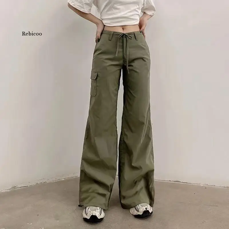 New Green Cargo Pants women 2022 Tie Up Ruched Trousers Women Retro Baggy Low Waisted Sweatpants Pockets Harajuku Joggers