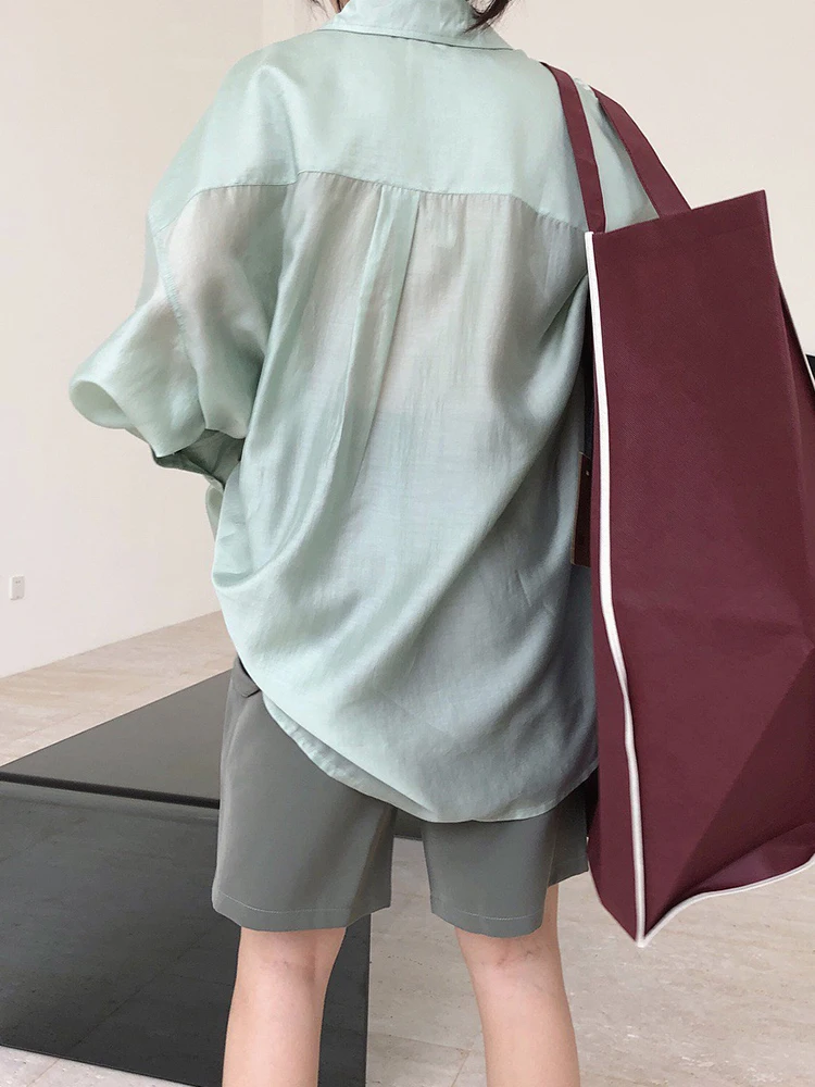 CHICEVER Solid Shirts For Women Lapel Long Sleeve Patchwork Pockets Single Breasted Minimalist Blouses Female Clothing Fashion