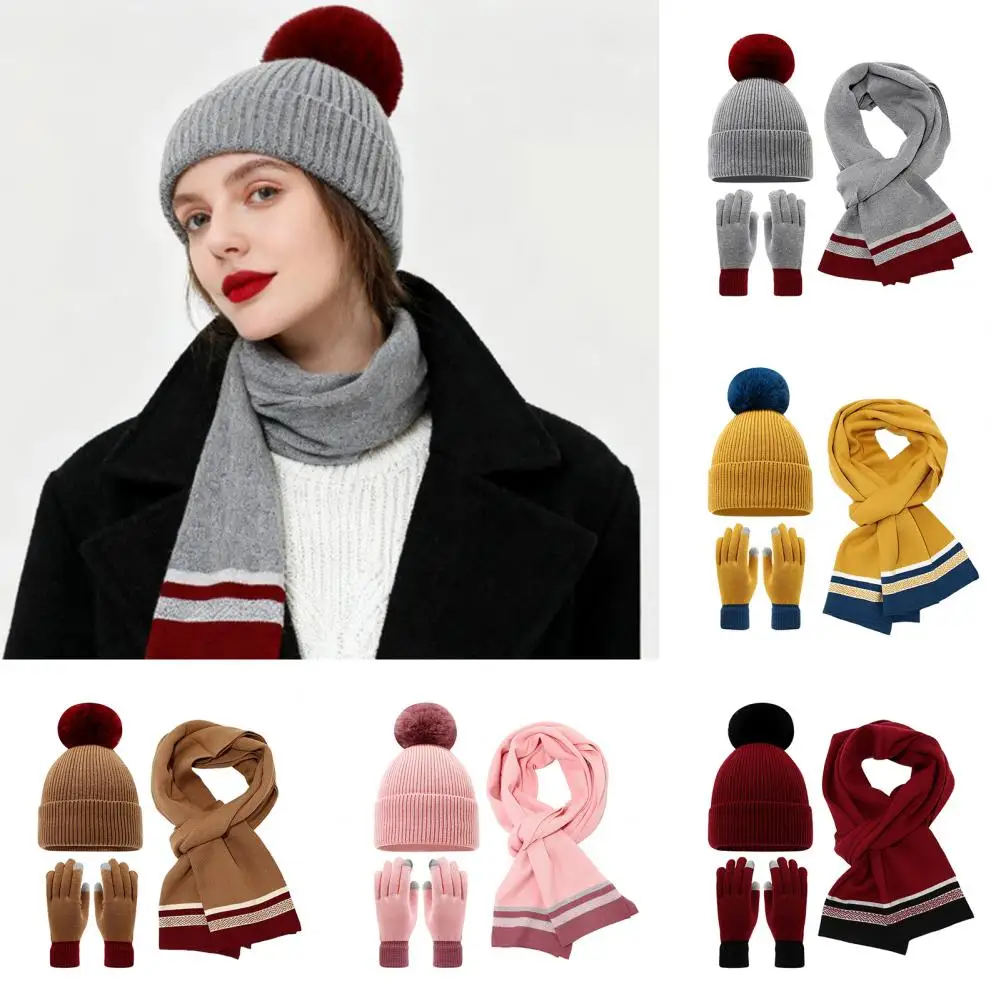 

3Pcs/Set Women Hat Scarf Gloves Set Acrylic Fabric Winter Women's Winter Accessories Set Plush Ball Decor Hat Long Knit Scarf