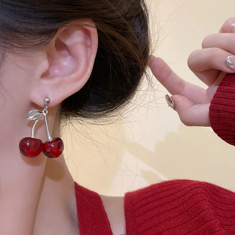 New Sweet Summer Red Transparent Cherry Fruit Fashion Long Ear Nail Earrings Fashion Black Anime Earring For Women Party Jewelry