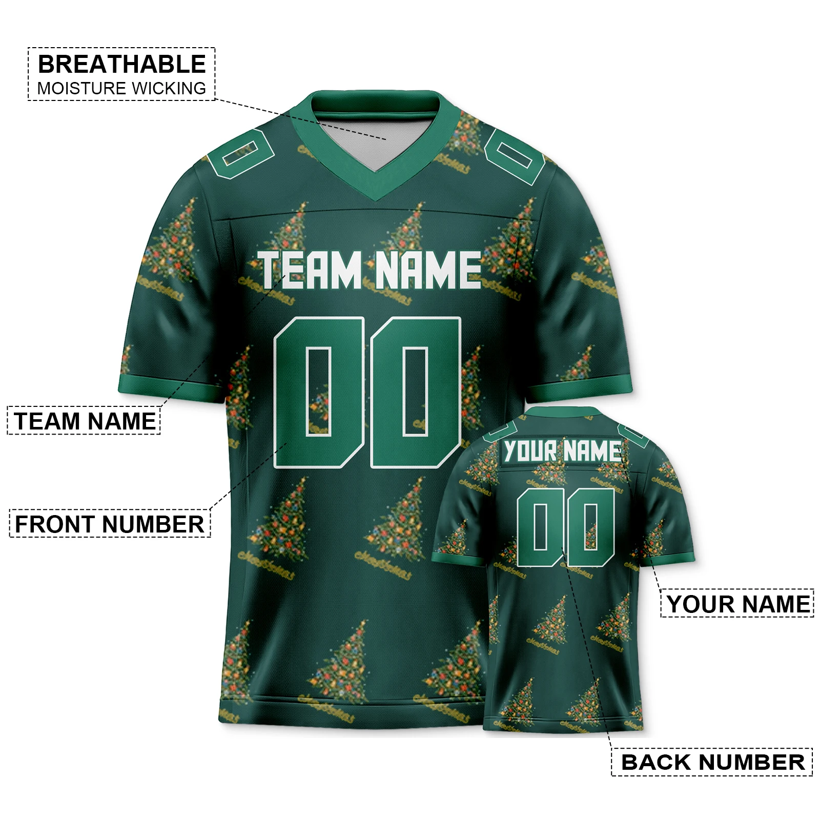 Kelly Green Christmas Custom American Football Jersey Xmas Tree Pattern Printed Team Name Number Gift for Men Women Youth Kids