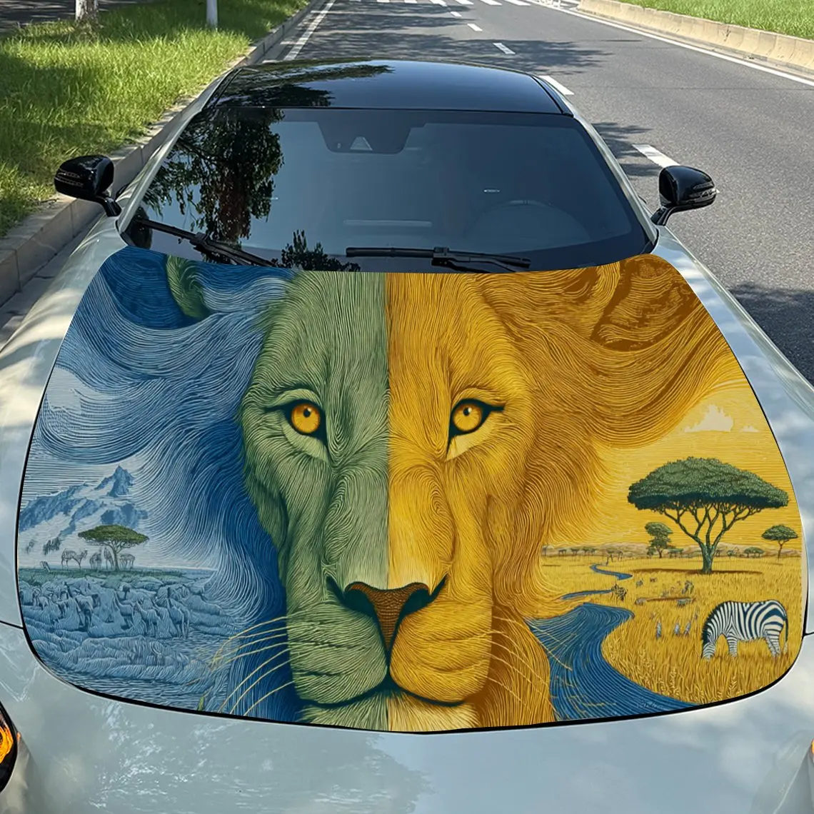 

Cute Lion with Safari Scene PVC Car Engine Hood Vinyl Wraps, Self-Adhesive Waterproof Car Hood Decal Sticker, Car Decoration Pro
