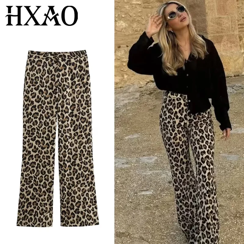Hxao vintage leopardo calças femininas cintura alta animal impressão calças largas mulher streetwear verão calças largas retro calças femininas