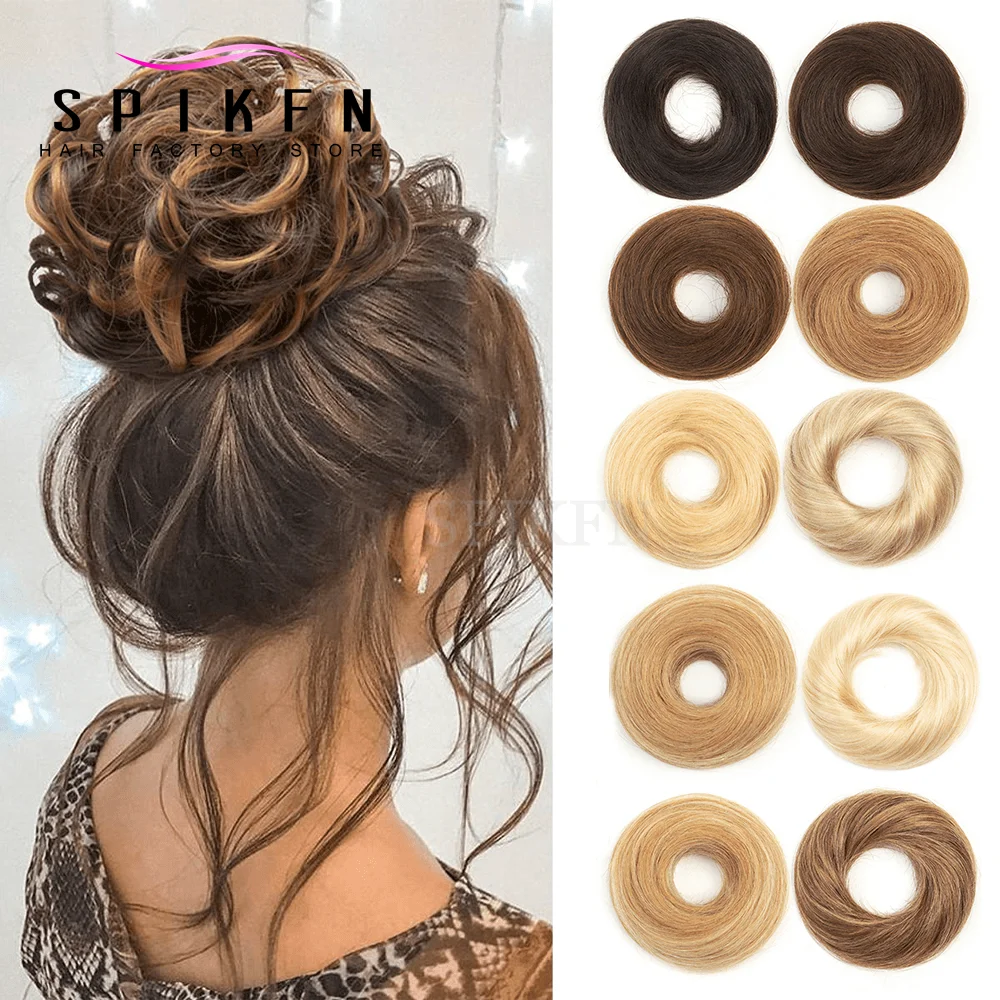 

SPIKFN Straight Messy Hair Bun Hair Piece with Elastic Band Human Hair Ponytail Chignon Donut Updo Extension for Ladies