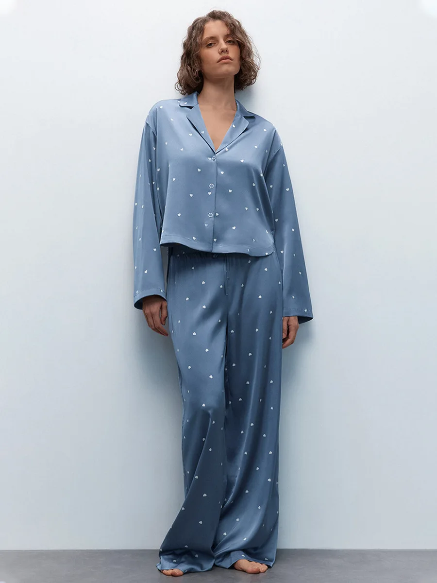 Blubelle Love Printed Pajama Set New Women's Cardigans Long Sleeved Pants  Pajamas Loose  Comfortable Home Clothes 2-piece Set