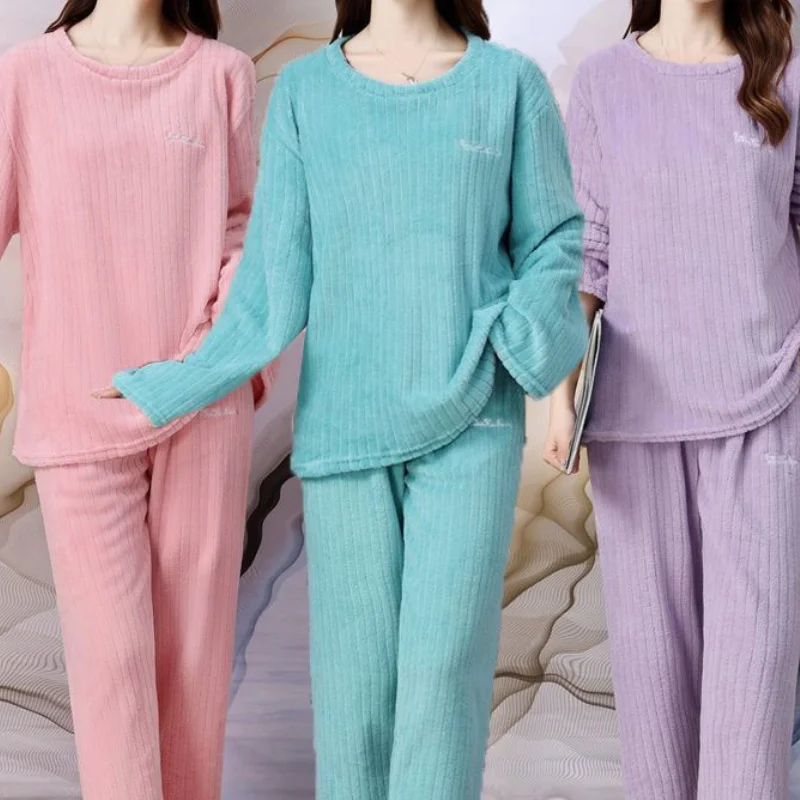 Autumn Winter Flannel Pajamas Women\'s Two-piece Loose Casual Homewear New O-neck Women\'s Striped Coral Fleece Simple Pajamas