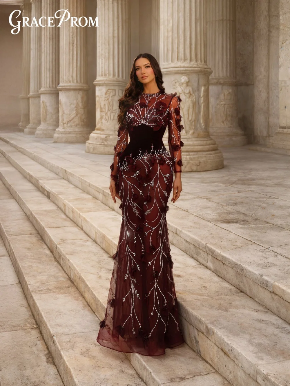 

Luxurious Burgundy High Neck Long Sleeve Long Dress Velvet Corset 3D Flower Party Dress Evening Gown Wedding Guests فساتين سهرة