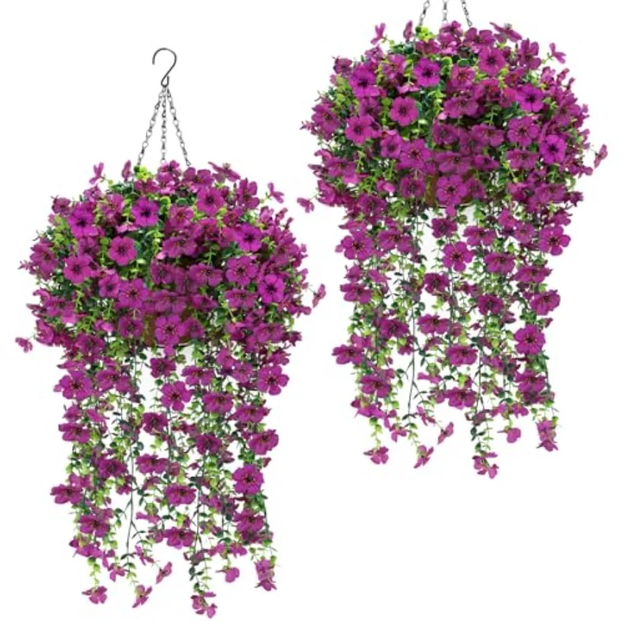 

2 Set Artificial Hanging Flowers Plants for Outdoor, Faux Hanging Violet Flowers Baskets with Eucalyptus Vines UV Resistant Rea
