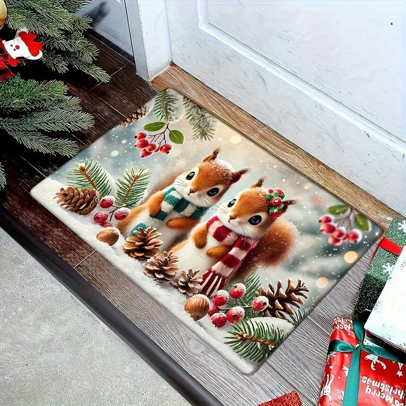 1pc Premium Flannel Non-Slip Mat- 0.47inch Thick Soft& Cozy Christmas Squirrel Design, Machine Washable Polyester Mat for Living