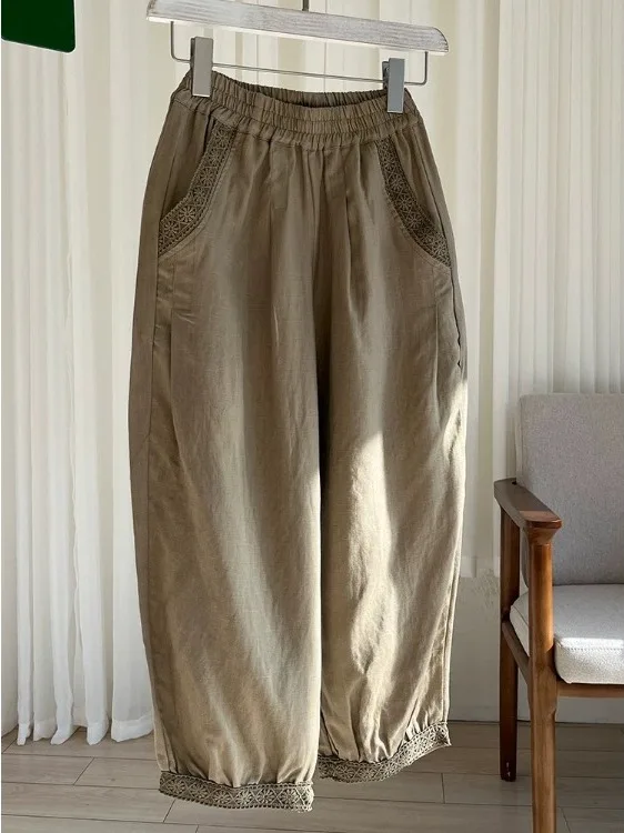 

High Waist Cotton Linen Nine Points Pants Large Size Women's Fashion Balloon Pants Thin Casual Harlan Pants Lace Splicing