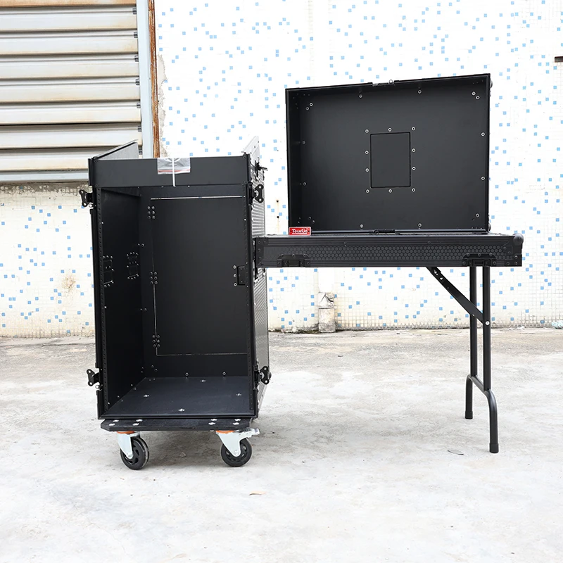 Caja de vuelo de estante combinado Vertical Pro con ruedas, mesa lateral y plataforma deslizante, pintura negra personalizada, 11U, superior