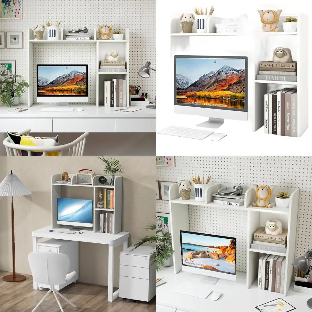 

27 Inch Monitor Wood Desk Hutch Organizer with 5 Shelves, Multipurpose Storage Display Rack for Home Office and Dorm, White