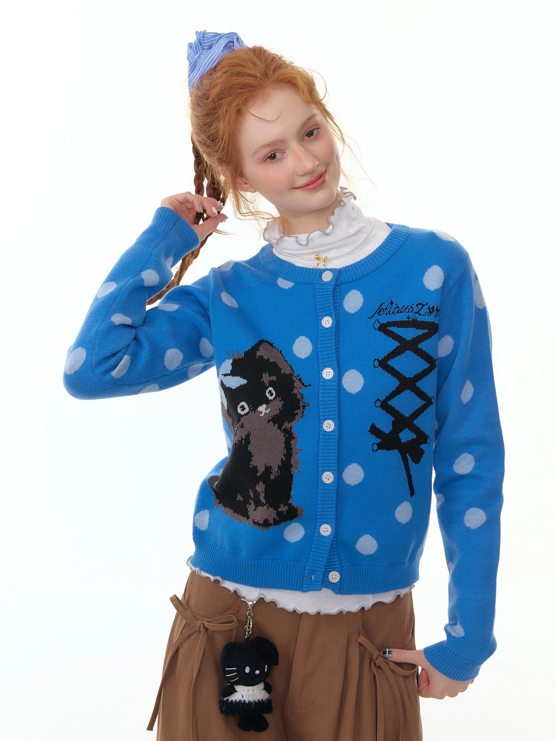 

Вязаный кардиган ZiziFei синий в горошек, женский, в американском стиле, осенне-зимний, теплый, для повседневной носки