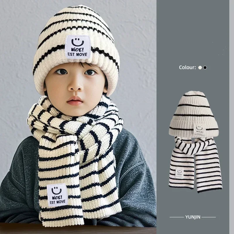 Korean Chic Kids Beanie Scarf Set for Boy Girl Black White Color Striped Scarf Crochet Bonnet Set Autumn Winter Warm Knitted Hat