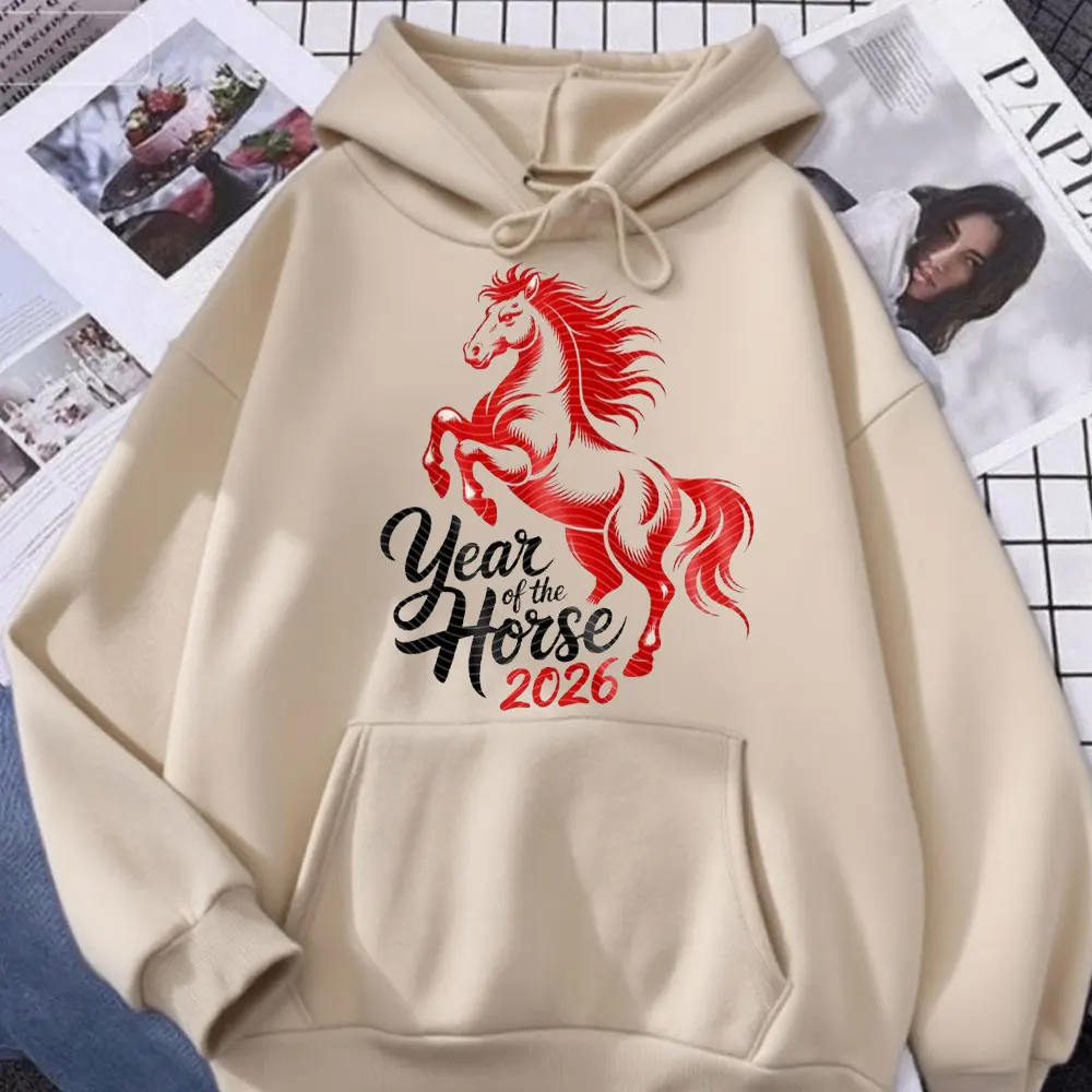 Vermelho zodíaco cavalo gráfico feminino pring outono inverno hoodie ano novo lunar 2026 moda pulôver kawaii unisex camisolas