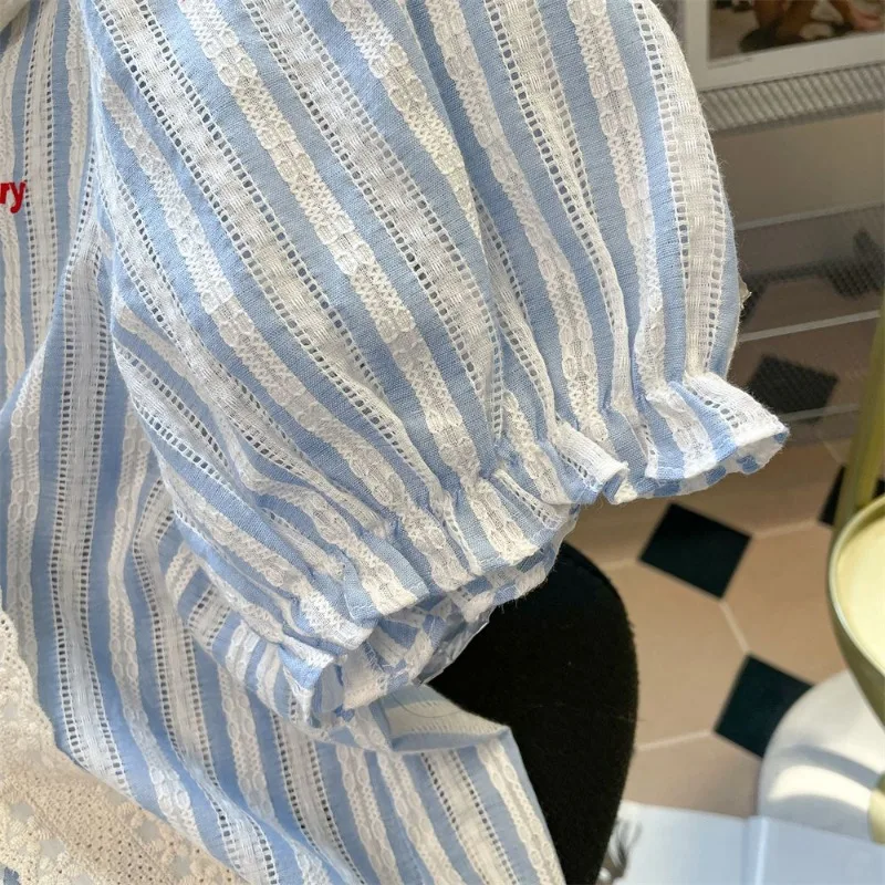 EBAIHUI French Lace Patchwork Bow Design Women's Shirt Summer Cute Striped Ladies Blouse Casual Versatile Puff Sleeve Blusas