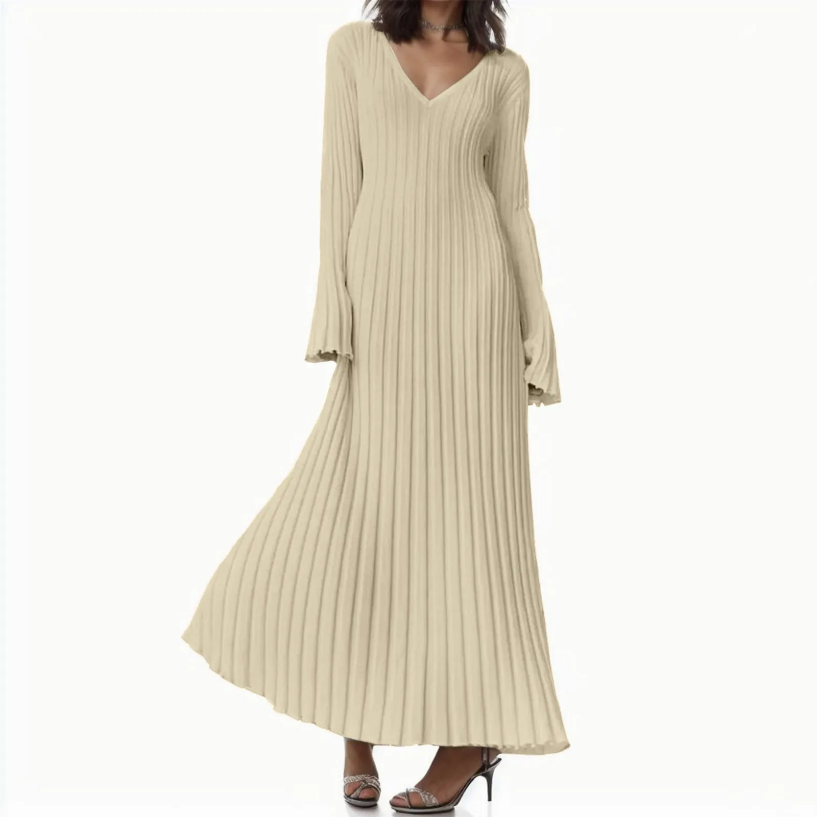 

Autumn Winter New V-Neck Knit Maxi Dress Women Ribbed Elegant Long Sleeve Streetwear High Waist Pleated Dresses Ladies Knitwear