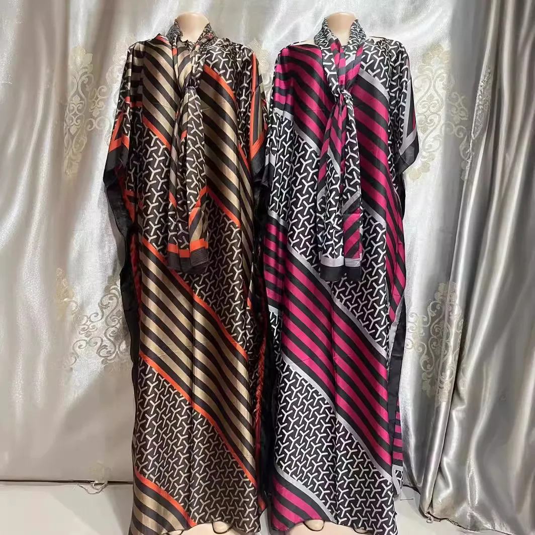 여성용 실크 같은 프린트 롱 드레스와 어울리는 헤드 스카프 - 우아한 O 넥 플로위 파티 드레스