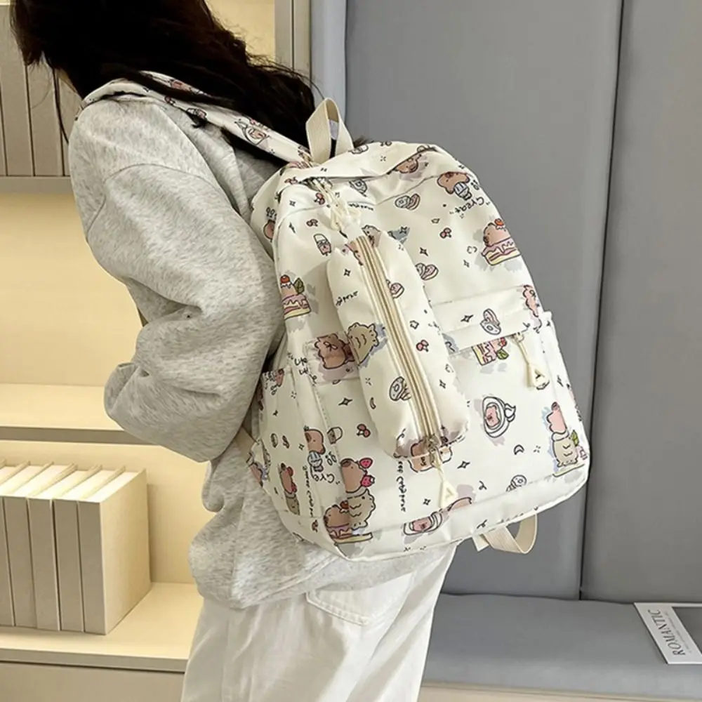 Cartoon Nylon Capybara Backpack Capybara Lightweight Schoolbag Large Capacity Alleviate Burden Shoulders Bag Student Gift
