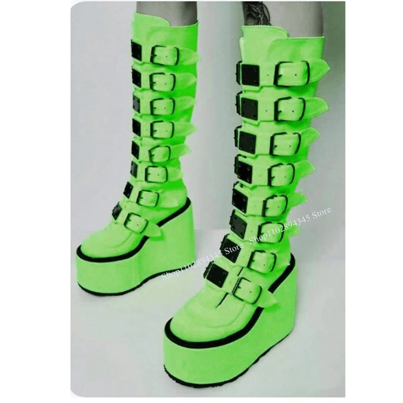 Green Buckle Decor Cool Boots Thick Heel Platform Round Toe Mid Calf Waterproof Novel Style Western Woman Shoes Zapatillas Mujer