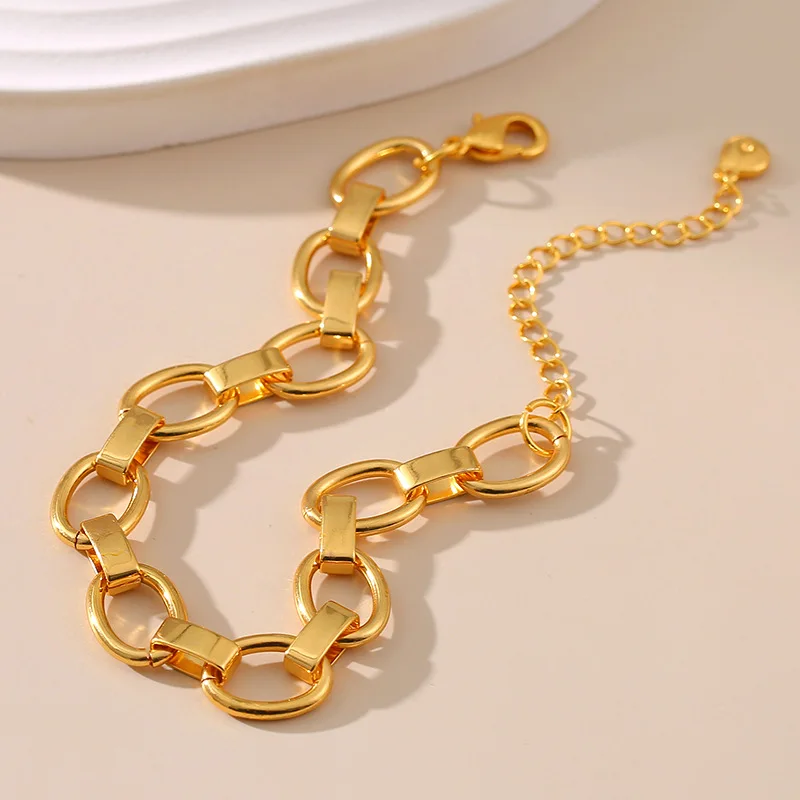 Pure Metal Chain Plated With 18K Real Gold For Color Retention Summer Waterproof European Fashion Bracelet Unisex Retro Handwear